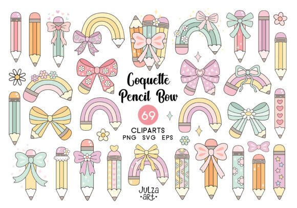Coquette Pencil Bow Clipart Set: Aesthetic Design Assets