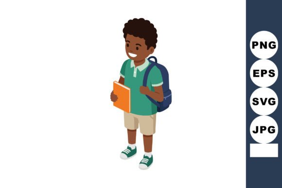 Young Boy Smiling with Backpack and Book Illustration